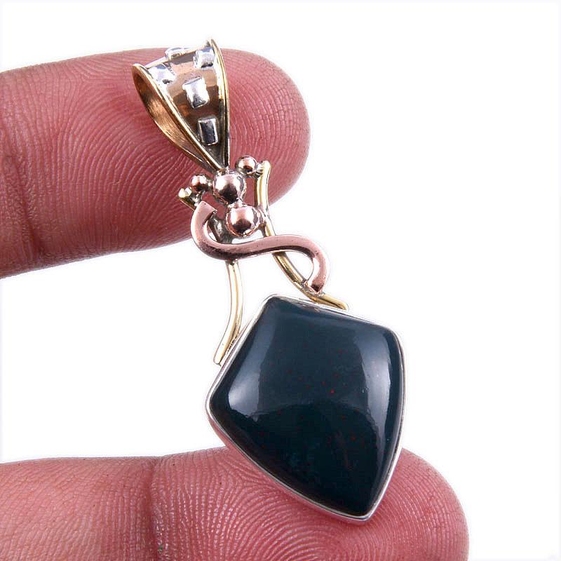 

Natural Bloodstone Gemstone 925 Solid Sterling Silver TwoTone Pendant 1.75 E0z70