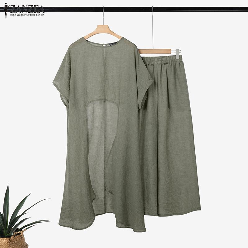 ZANZEA Women Short Sleeve Irregular Hem Blouse and Pants Summer Two Piece Suit Sets