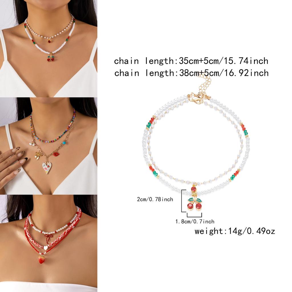 Ensemble collier et ras-de-cou ras-de-cou à plusieurs rangs de perles, pendentif fraise d'été pour femme