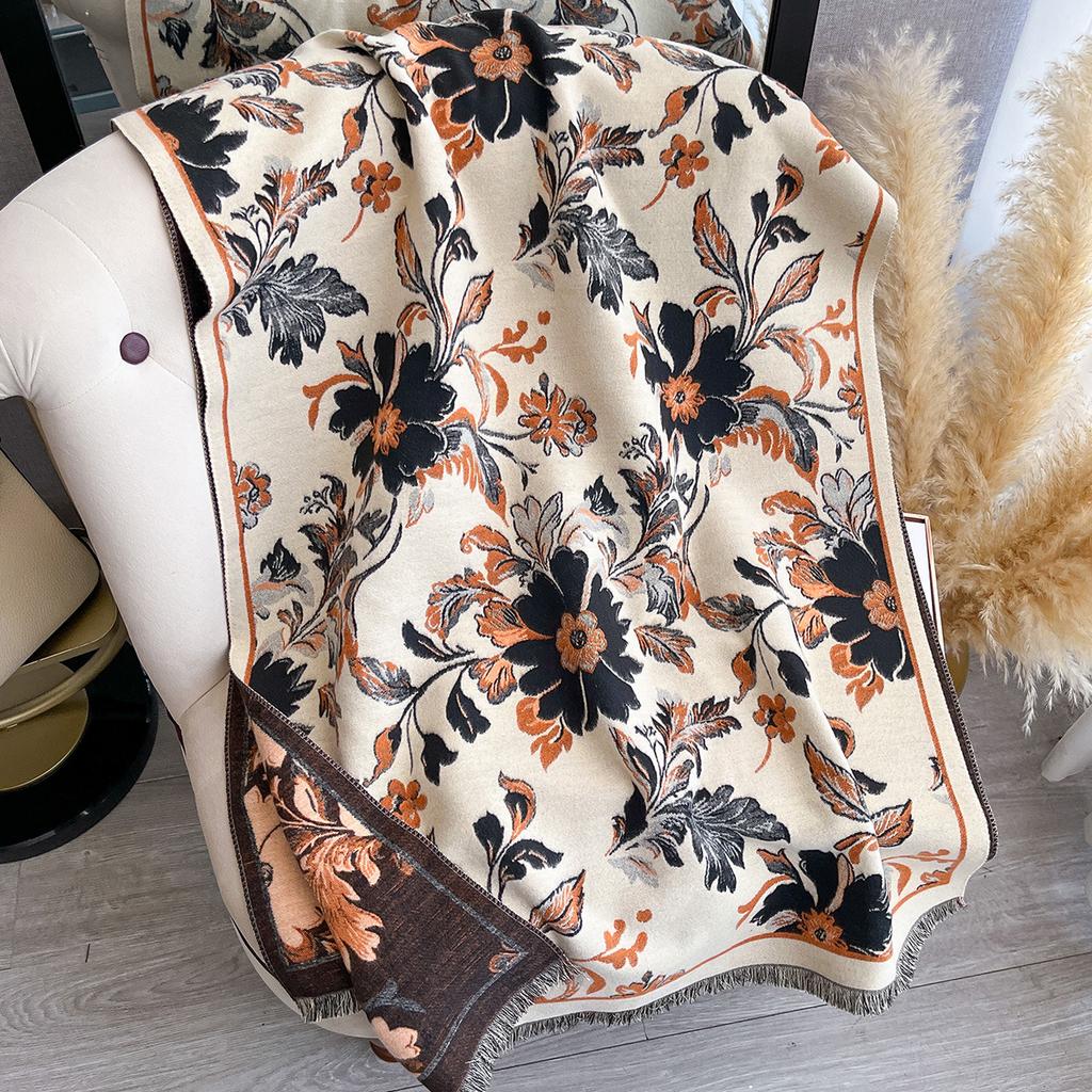 Ethnic Style Flower Imitation Cashmere Scarf Women'S Winter Thickened Double-Sided Air Conditioner Shawl Scarf