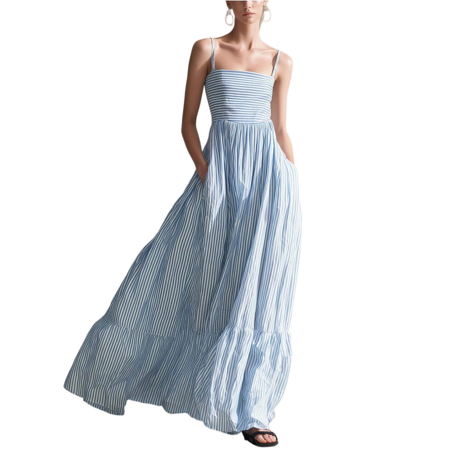 

Ladies Casual Striped Sleeveless Slim Shoulder Strap Long Dress L синий