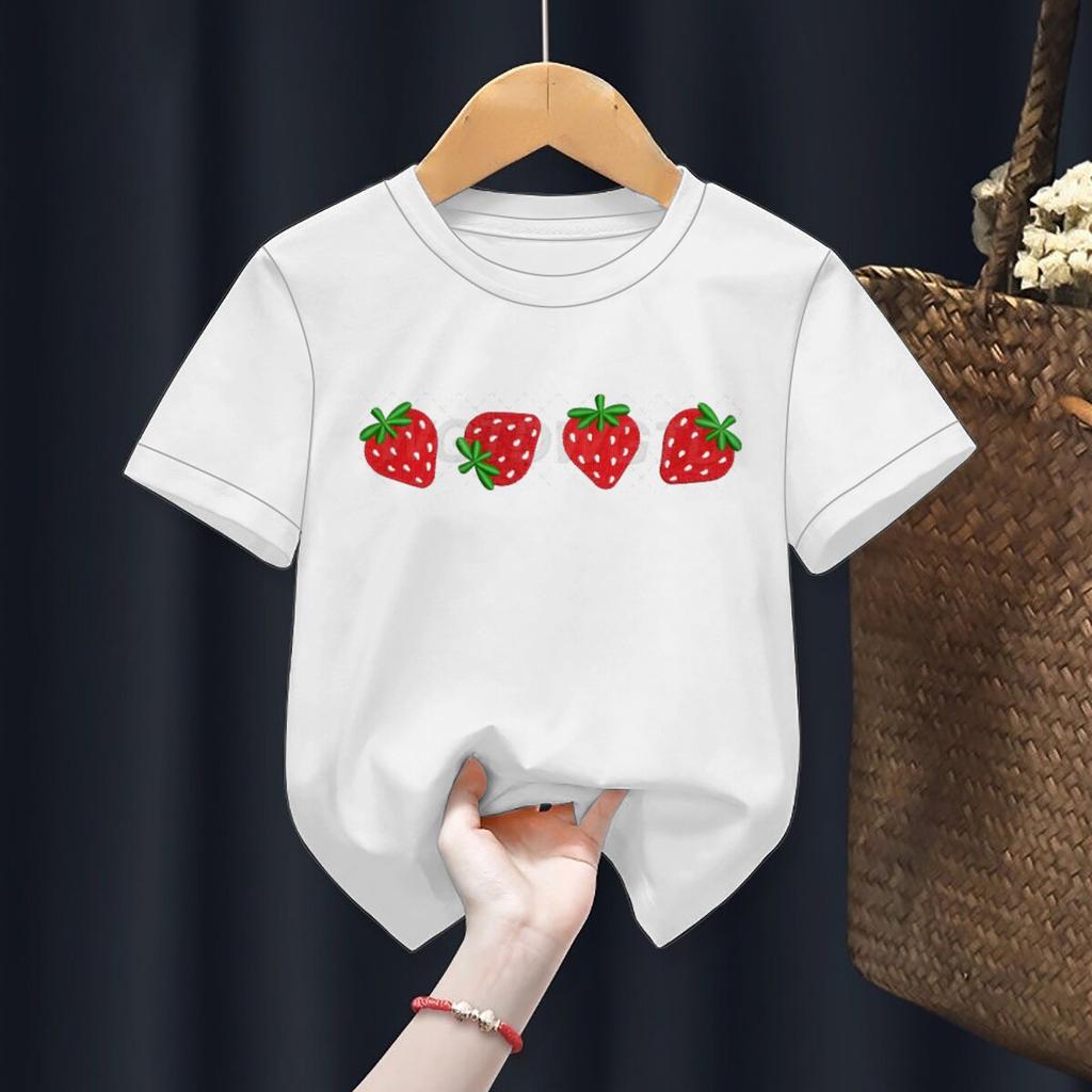 Summer Strawberry Printed Sweet Cute ShortSleeved Childrens Casual Sportswear Tshirt Polyester Fabric Kids Girls Clothes