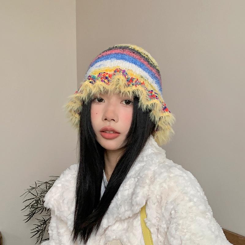 Striped Oil Painting Woolen Hat Gradient Contrast Plush Knitted Hat Retro Rainbow Knitted Hat