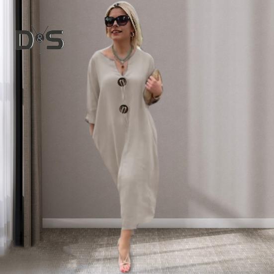 Women Dress V Neck Button Decor Long Sleeve Loose Solid Color Plus Size Mid-calf Length Simple Style Commute Daily Wear Midi Dress