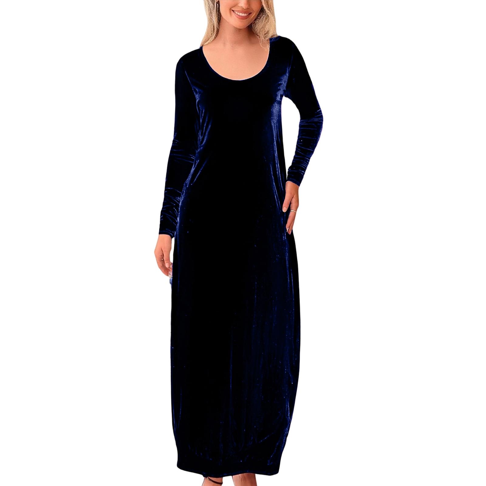 

Women s Fashion Casual Flared Elegant Velvet Dress With Round Neck, Pockets, Long Sleeves, Solid Color XXL