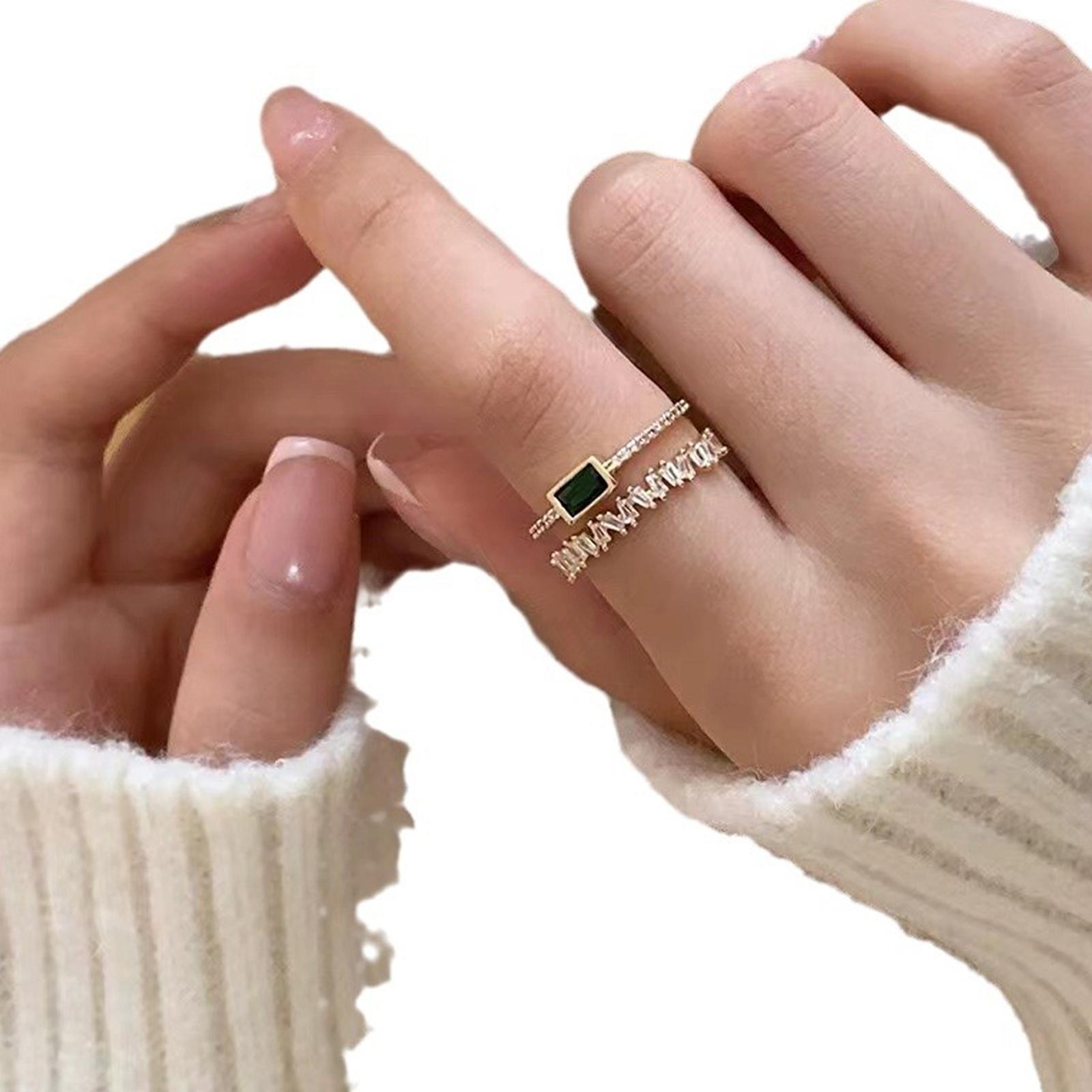Fashionable Emerald Green Crystal Double Layer Ring Adjustable Opening Ring Copper Crafted Jewelry For Her