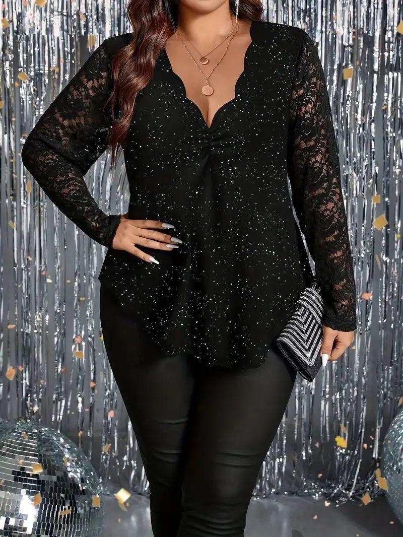 Women s Scalloped V Neck Glitter Lace Patchwork Long Sleeve Tunic Top Casual Blouse S чёрный