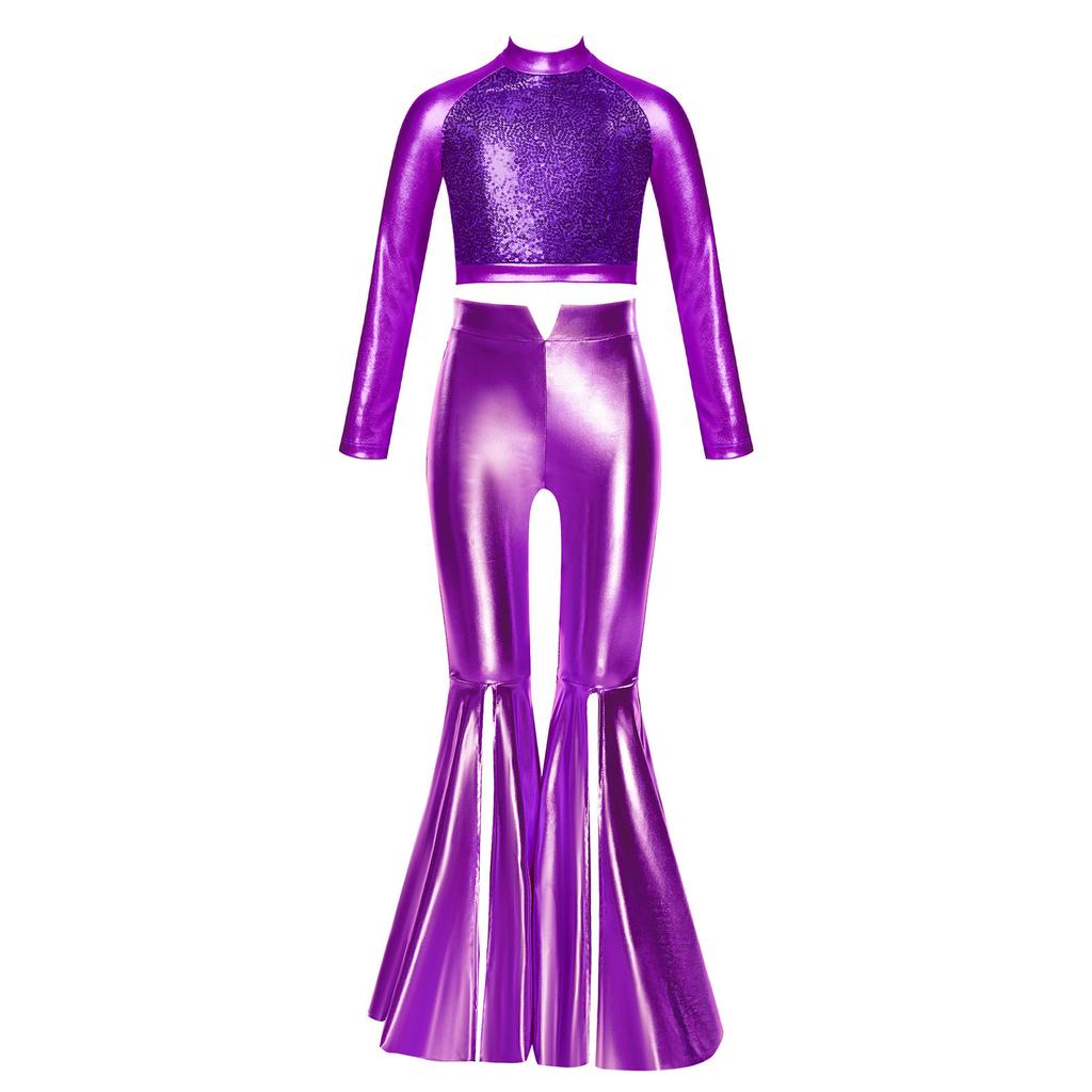 Girls Long Sleeve Sequin Metallic Crop Top Split Bell Bottom Shiny Pants Dance Performance Outfit