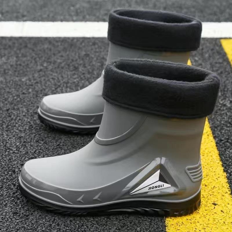 Winter Warm Fur Rain Boots Men's Waterproof Drawstring Shoes Non-Slip Flat Fashion Take Out Rider Autumn Summer Spring Black Red