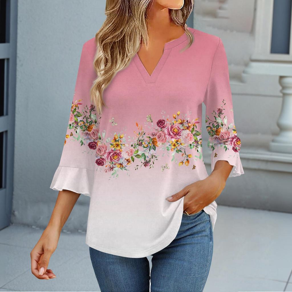 Tops met 3/4 mouw voor dames T-shirt Casual Uitlopende mouwen Print Tuniek V-hals Pullover Blouse