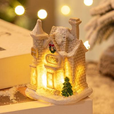Cute Christmas Glowing Small House Resin Luminous Xmas House Ornament White Warm Light Cartoon Table Decorations Home Decor