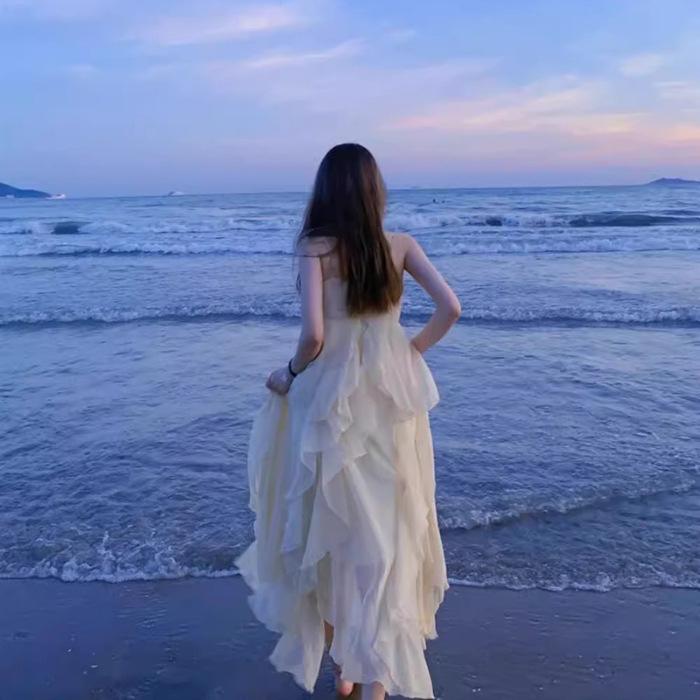 Fairy dress suspender dress seaside vacation dress summer beach suspender dress long dress new white Sanya S