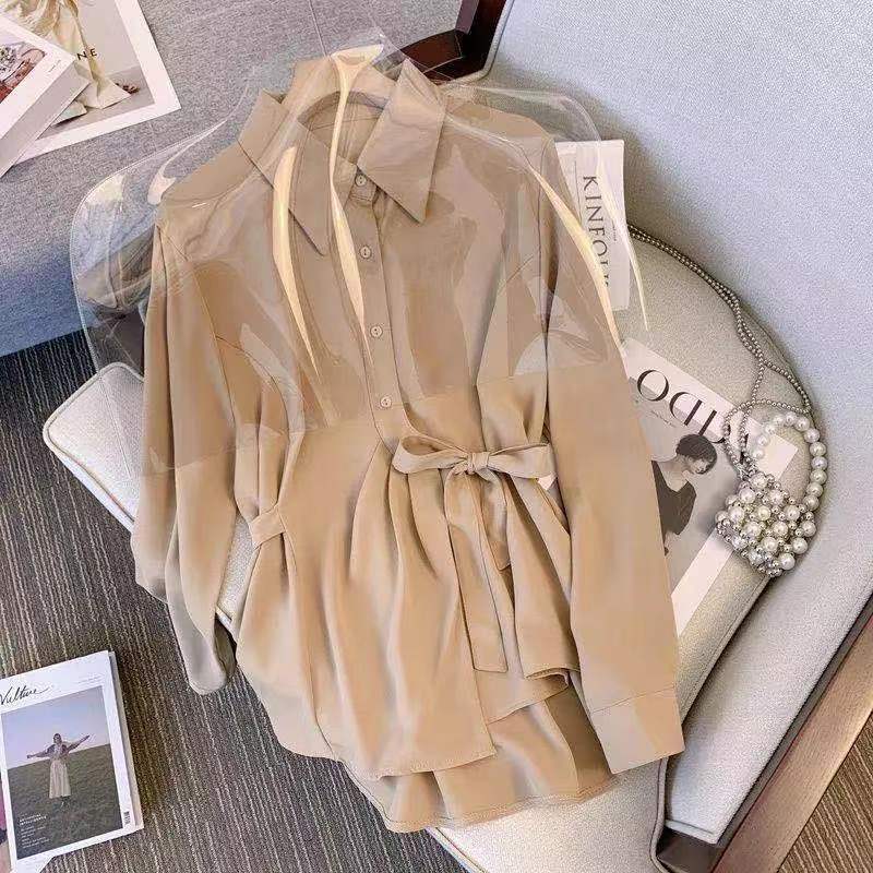 Fashion Korean Turn-down Collar Lace Up Button Shirt  Autumn Women's Clothing All-match Solid Color Long Sleeve Loose Blouse