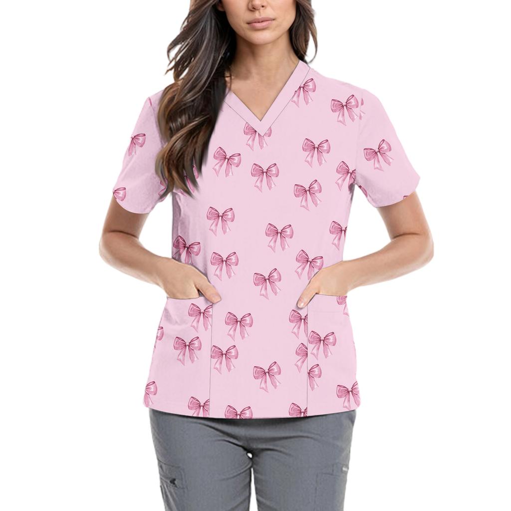 Women's Cute Bow Printed Work Clothes V-neck Double Layer Pockets Basic Short Sleeve Top Pullover