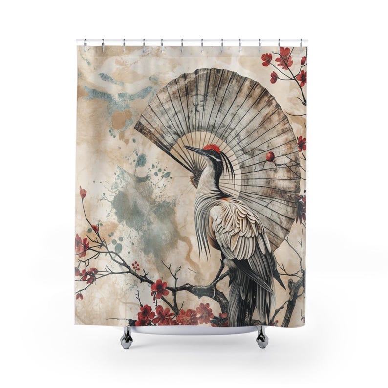 Japanese Crane Shower Curtain – Symbol of Longevity & Grace, Striking Decor for Bathroom, Wedding or Housewarming Gift