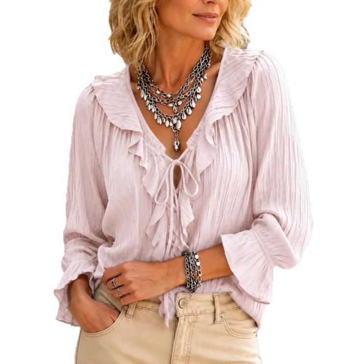 European and American new women's clothing ruffle leaf edge lace-up horn sleeve pleated V-neck long-sleeved shirt top