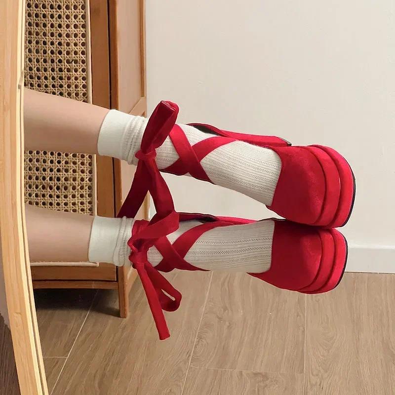 Fashion Platform Mary Janes Shoes Women Suede Luxury High Heel Lace Up Trend Lolita Shoes Elegant Chunky Party Pumps Zapatos De Mujer