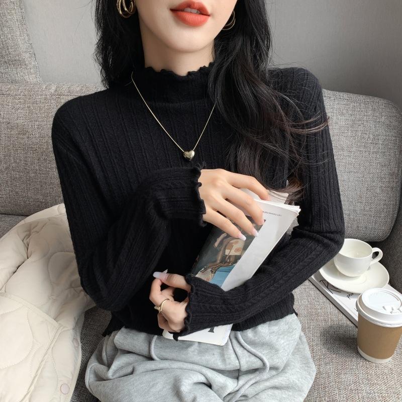 

Semi-turtleneck inner top women s spring slim-fit fungus-edged knitted sweater versatile bottoming shirt XL чорний