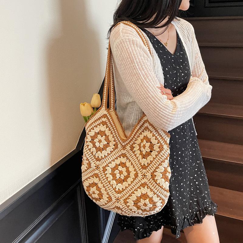 Trend casual crochet woven tote bag literary lazy style large capacity lightweight shoulder bag