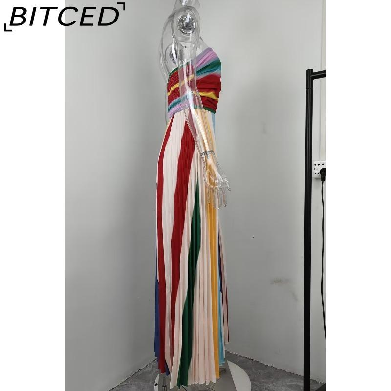 BITCED Summer Women's Fashion Print Sleeveless Halter Neck High-Waisted Long-Line Full-Skirted Dress