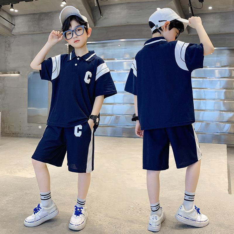 Summer Boys' Suits, Summer Clothes, Big Children's Short-sleeved Polo Shirts, Five-point Pants, Western Style Two-piece Suit