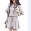 2024 Summer Women’s Korean Hong Kong Style Casual Lotus Sleeve Top & High Waist Wide Leg Shorts Set