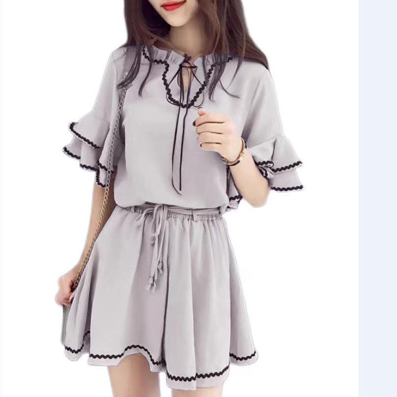 2024 Summer Women’s Korean Hong Kong Style Casual Lotus Sleeve Top & High Waist Wide Leg Shorts Set