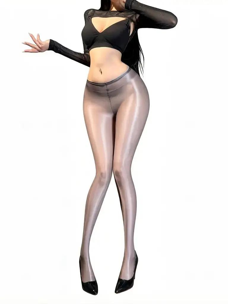 Pantaloni a Tubo Sexy da Cameriera Donna Trasparenti Sottili Lucidi Effetto Olio Leggings Modellanti Elastici per Fianchi e Gambe Taglie Forti