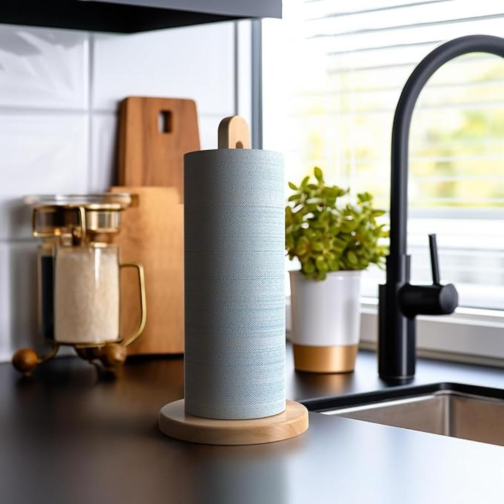 Wooden Standing Paper Towel Holder with Non Slip Pad Design Kitchen Bathroom Countertop Roll Storage Rack Bathroom Accessories