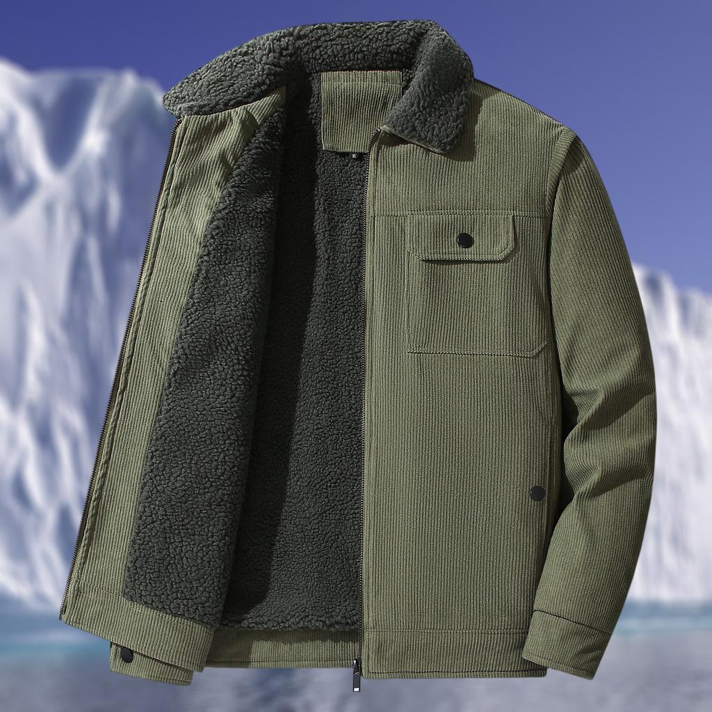 Men's Casual Multi-pocket Corduroy Fleece-lined Jacket With Zipper And Lapel Warm Top