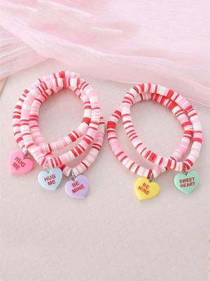 5Pcs Pink Polymer Clay Beads Beaded Bracelet Sweet and Cute Candy Colored Heart Pendant Bracelet for Holiday Women Gifts Daily Wear