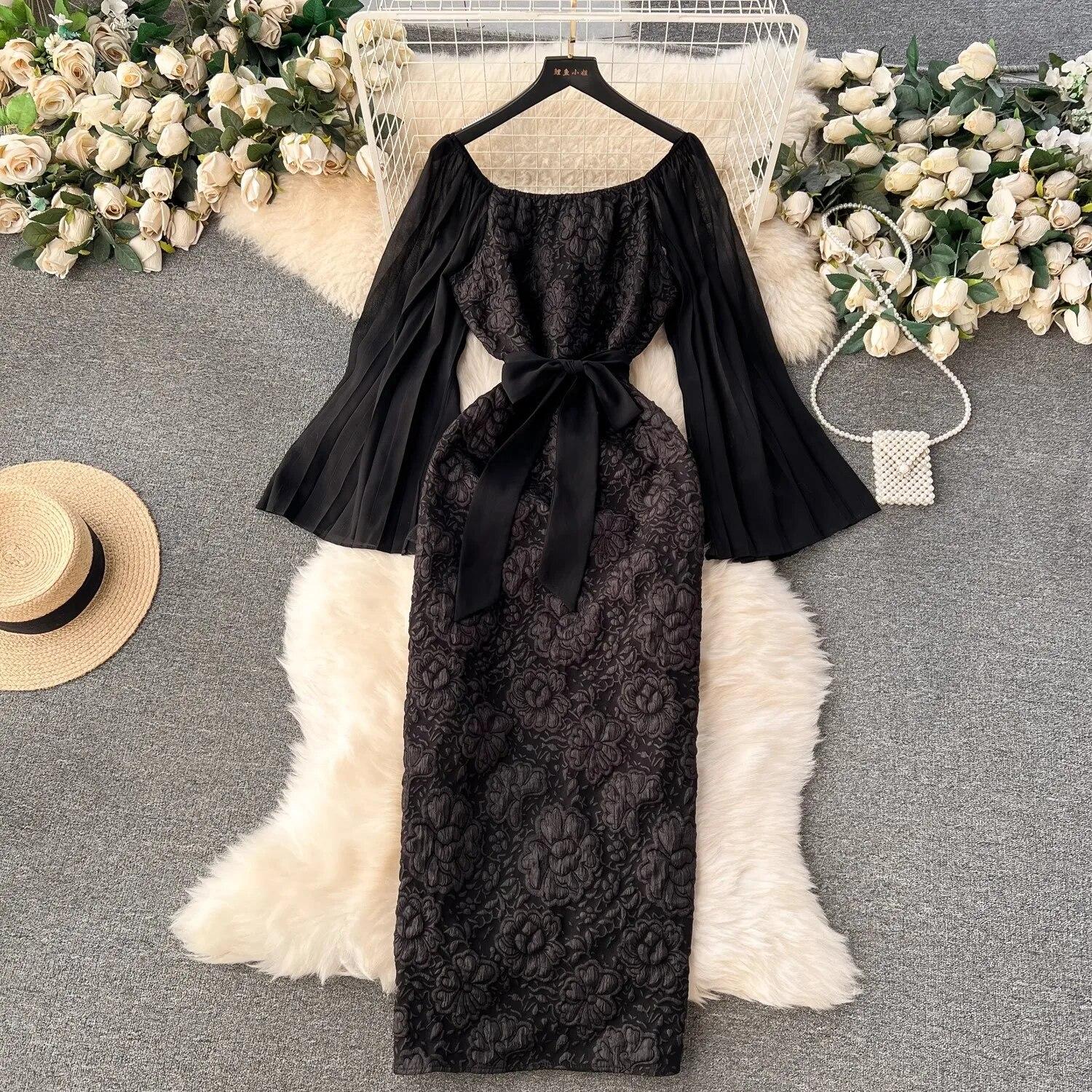 

Элегантное жаккардовое платье Франции, женское шифоновое платье-накидка с длинными рукавами в стиле пэчворк, вечерние платья со шнуровкой на бедрах, тисненая одежда M чёрный