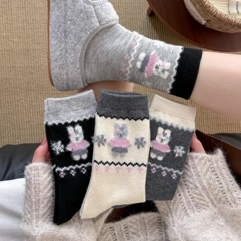 Warm Thickened Stockings Lock Warm Flocked Wool Cartoon Socks Mid-Leg Socks Cashmere Cute Bunny