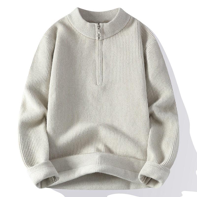 Autumn and Winter Thickened Loose Warm Half Zipper Striped Knitted Sweater Men's Warm Bottoming Shirt