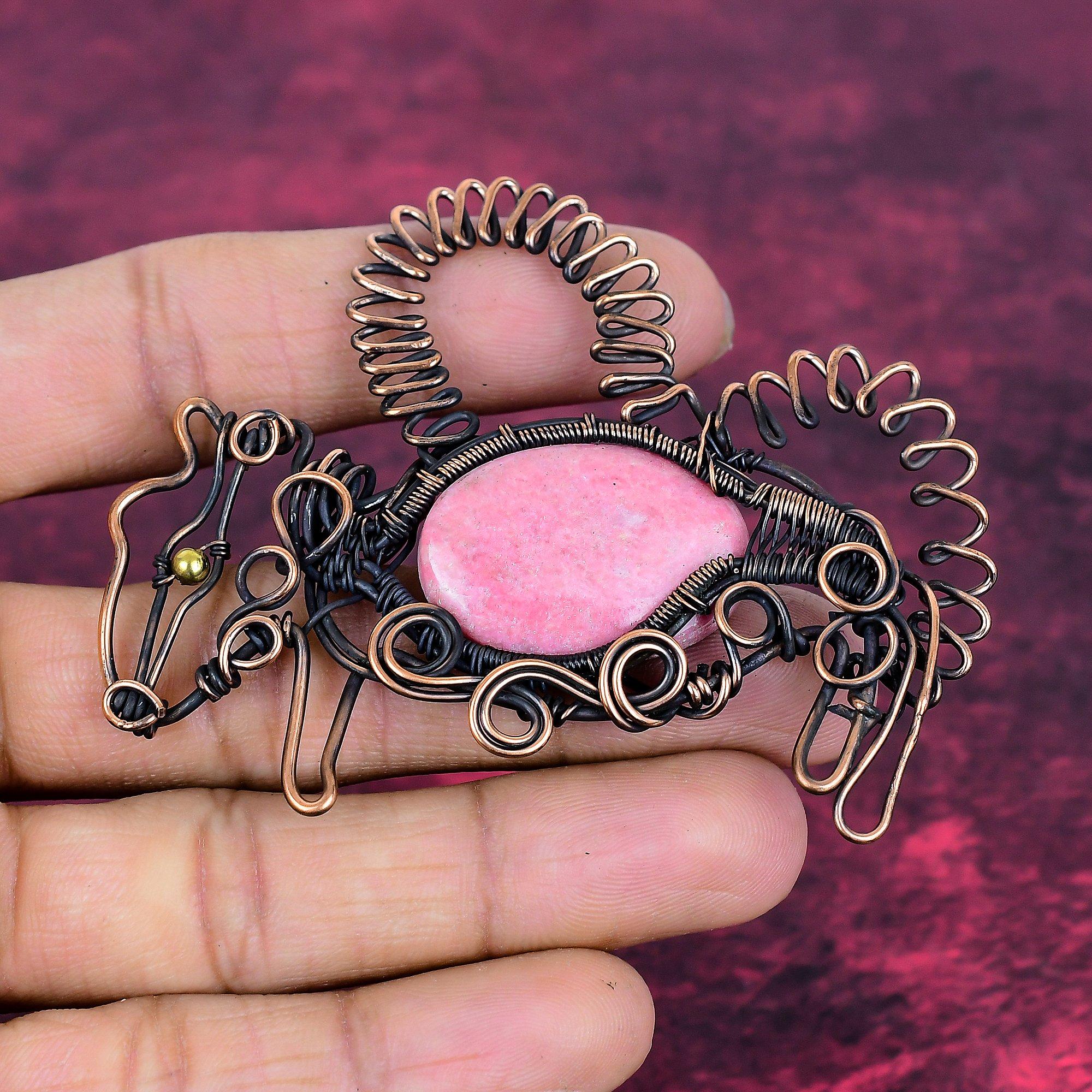Thulite Gemstone Pendant Handmade Rabbit Jewelry Copper Wire Wrapped Pendant
