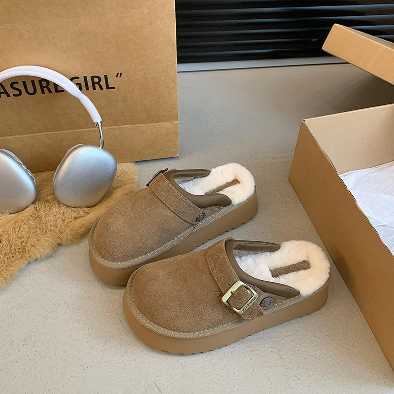 

Platform-soled Boken shoes with velvet bag head and half slippers for women to wear 2024 winter one-pedal snow boots cotton slippers 40 хакі