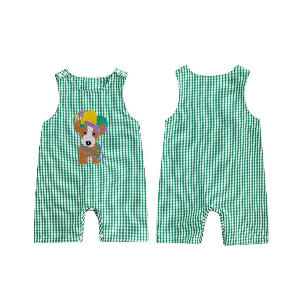 Baby Summer Rompers Soft Plaid Puppy Pattern Button Sleeveless Crew Neck Newborn Jumpsuits