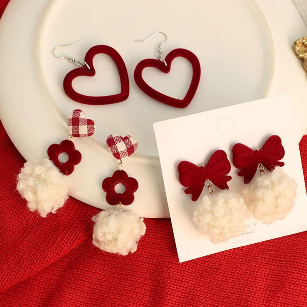 Gifts Wine Temperament Christmas Earrings Red Velvet Ear Clip Heart Stud Earrings Jewelry Gifts