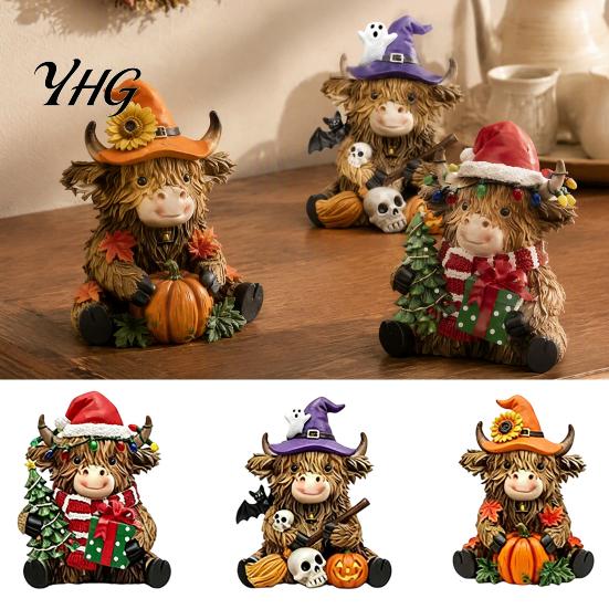 Housewarming Gift Ideas 3Pcs Highland Cow Figurine, Resin Yak Statues for Thanksgiving Christmas, Farmhouse Tabletop Ornaments Shelf Mantel Entryway,