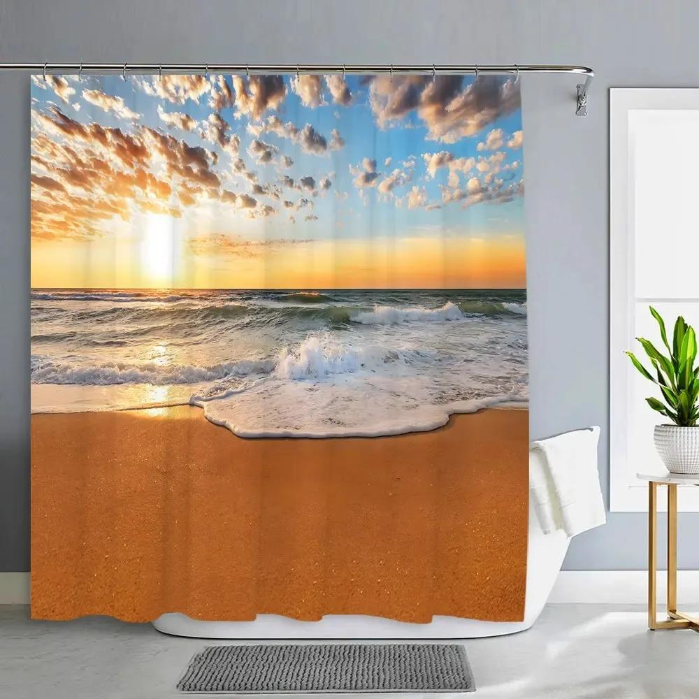 1PC Green Tropical Plants Shower Curtains for Bathroom Polyester Seaworld Shower Curtain Printing Curtain Beach Shower Curtains