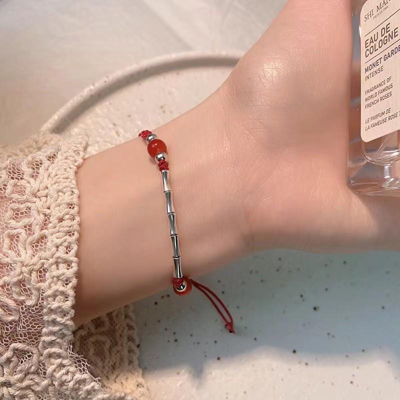 Handmade Red Elegant Rope Bracelet For Women With Bamboo Charm Style Chinese