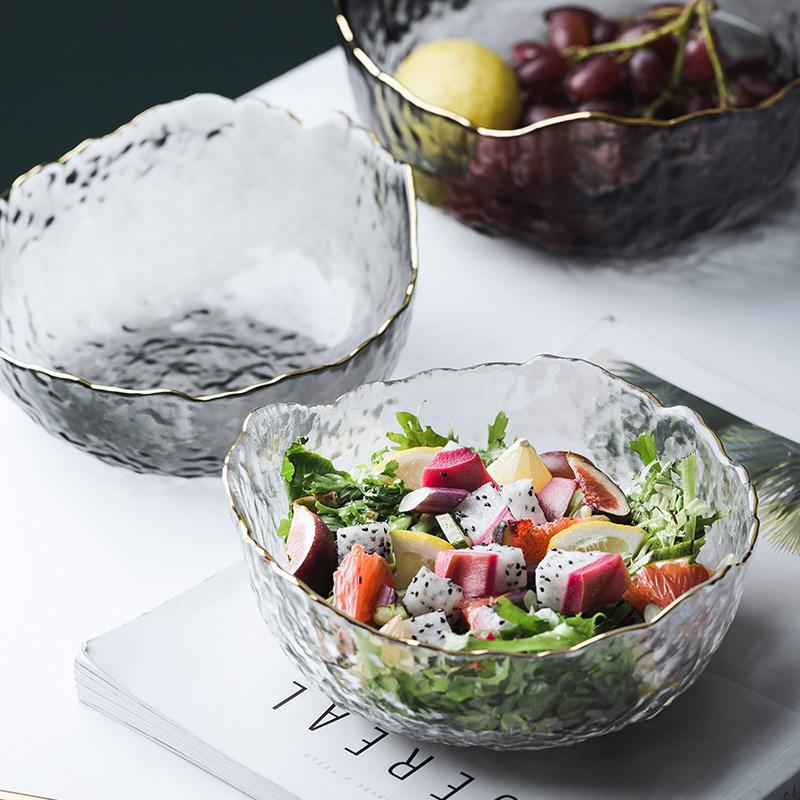 Japanese Gold Rim Hammered Glass Bowl - Fruit Salad & Sushi Plate Tableware