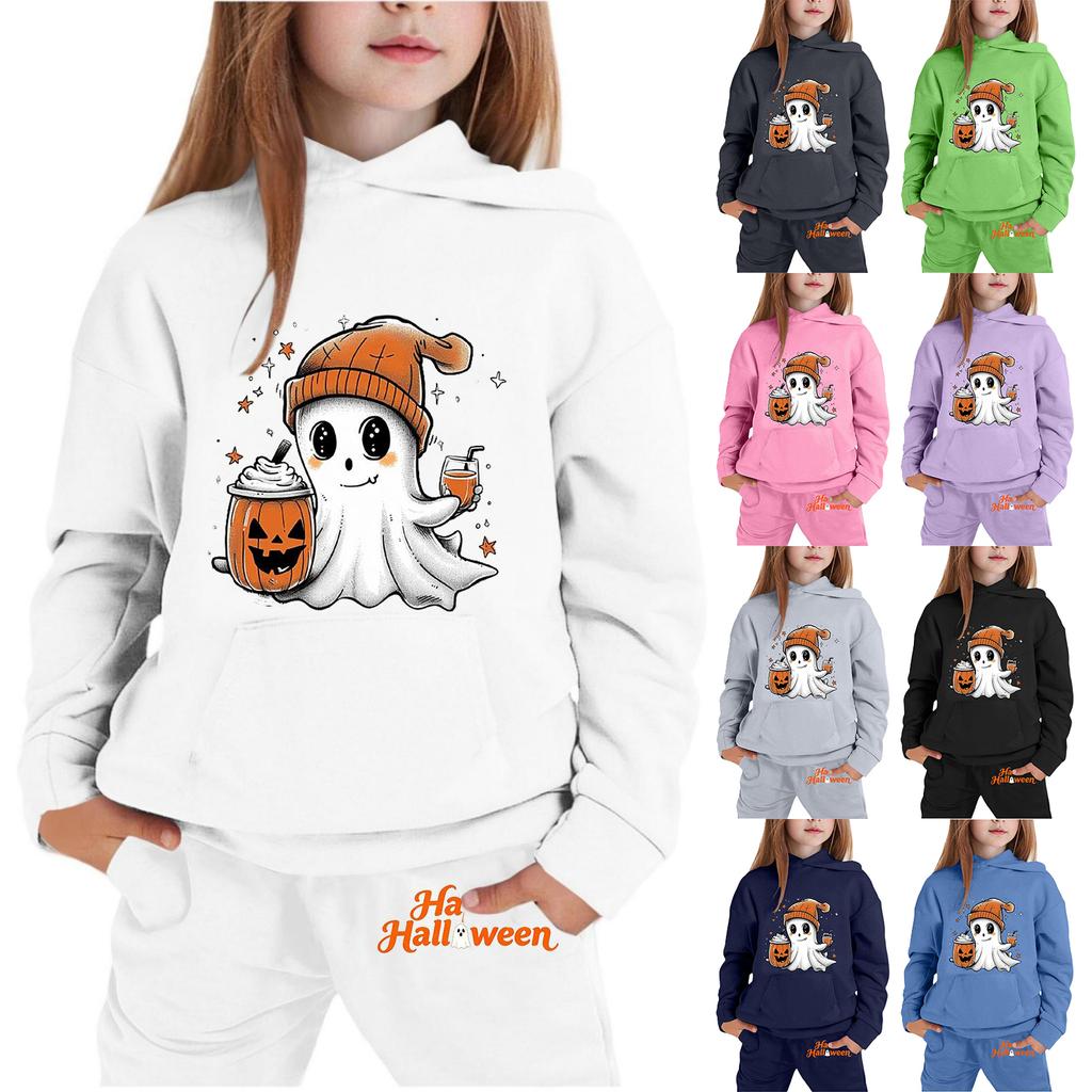 Kids Halloween Hoodie and Pants Set Ghost Print Pullover Sweatshirt with Hooded Top and Elastic Waist Bottoms for Boys and Girls