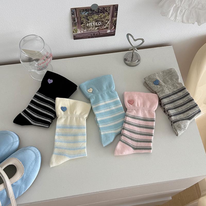 Sock Children Sweet Heart-shaped Buttons Mid-length Socks Trendy Wide Cuff Striped Pile-up Socks