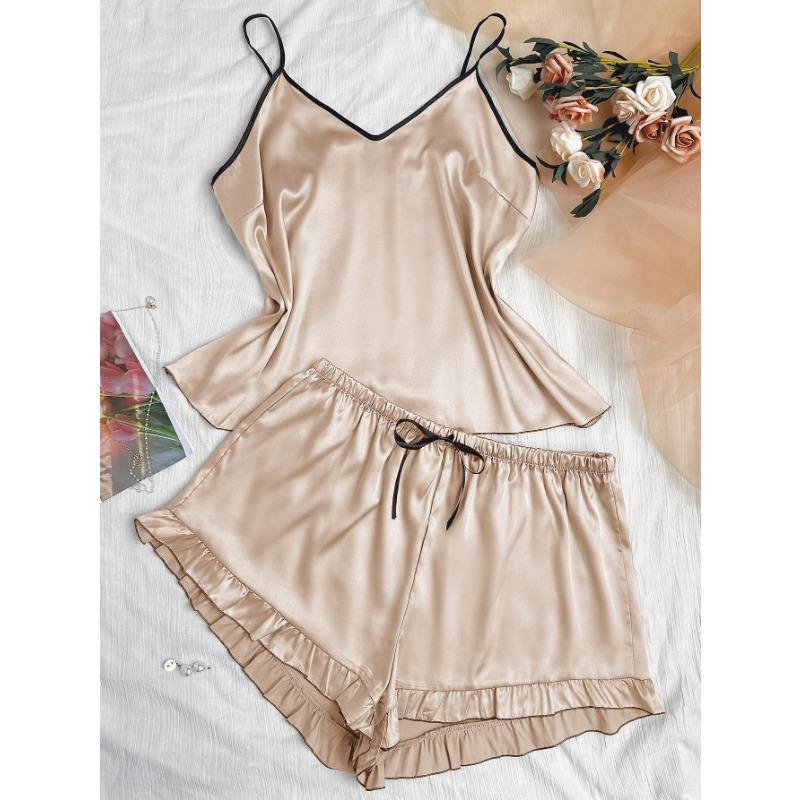 Summer Sexy Simulation Silk Women's Pajamas Plus Size V-neck Halter Tank Top Sleeveless Shorts Home Wear Ice Silk