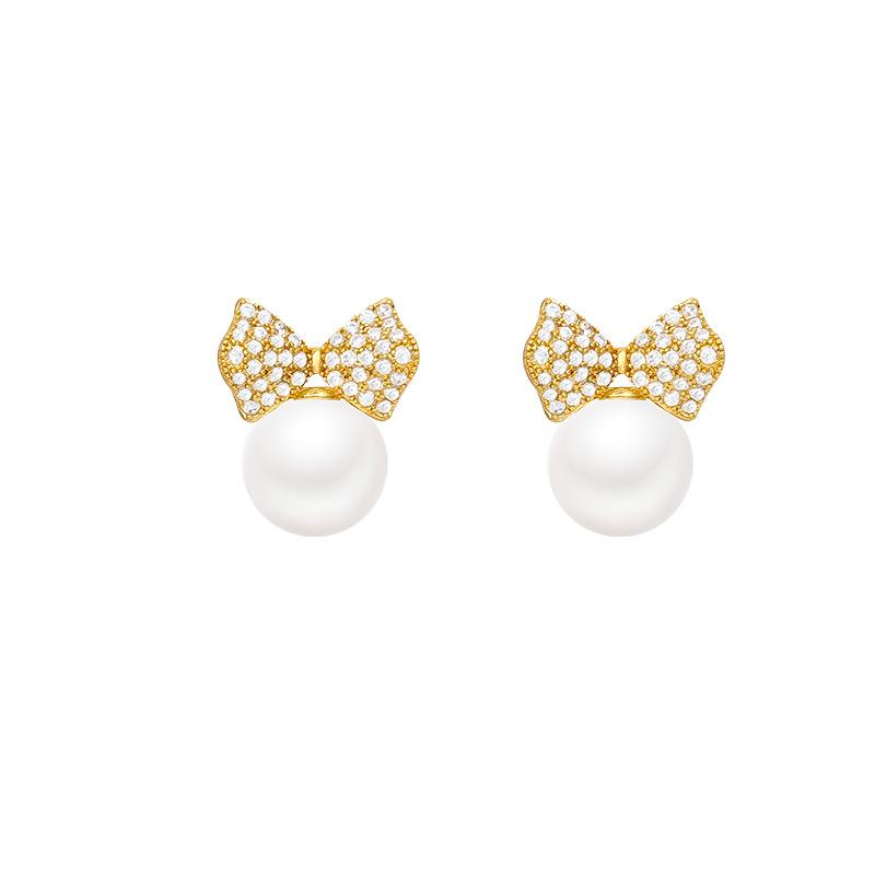 High-end Sterling Silver Needle Niche Hong Kong Style Stud Earrings Zircon Bow Imitation Pearl Earrings Light Luxury Temperament Ear Jewelry