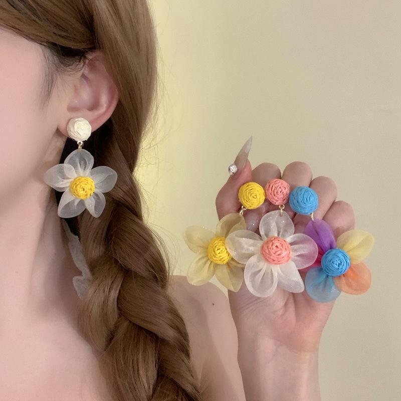 Silver Needle Raffia Chiffon Flower Stud Earrings - Sweet Vacation Style with a High-End Design Feel.