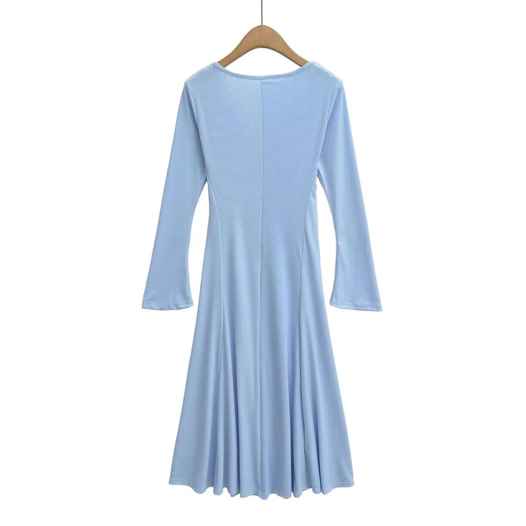 Women's French Retro V-neck Bell Sleeve Knit Dress, Autumn/Winter Slim Fit