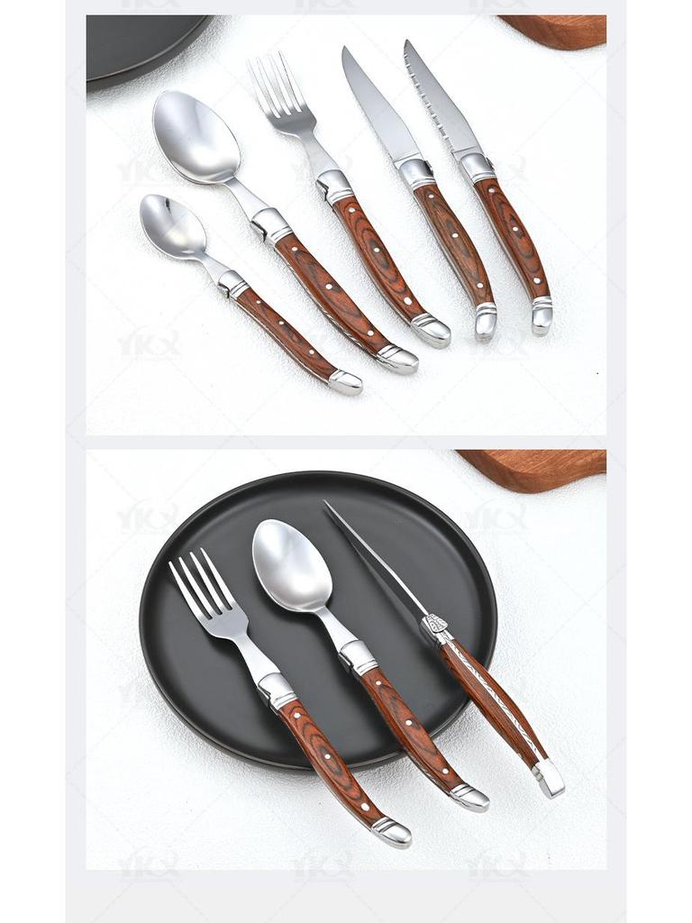 Western Cutlery Set: 5-Piece Stainless Steel with Wooden Handle - Includes Steak Knife for Fast Delivery