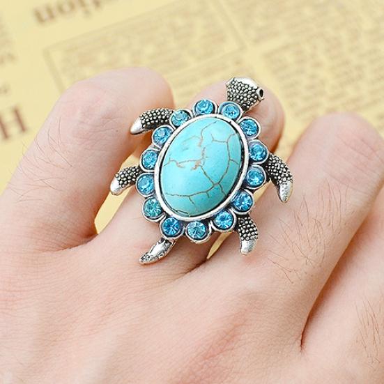 Women's Turquoise Tortoise Pattern Blue Rhinestone Inlaid Finger Ring